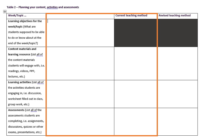 Screenshot of the workbook section Mapping your content, activities and assessments
